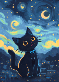 療癒藝術生活-星空下的小黑貓1.2 深藍色