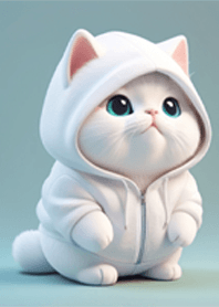 Little white cat wearing a hood