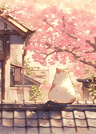 Cat viewing cherry blossoms_Pink