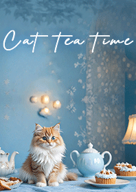 cat tea time - light blue