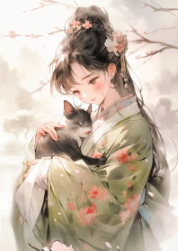 水墨畫美女抱著小貓