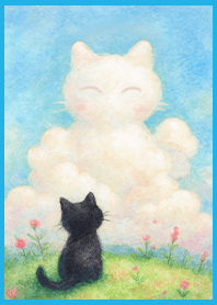療癒插畫生活-小黑貓與白雲朋友1F 水藍色