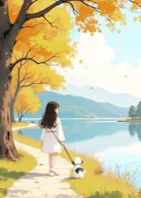 Girl and Dog in Autumn V.1