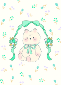 Little bear and purple flowers. green