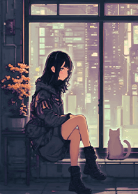 未来都市-窓辺の少女と猫8.5 濃紺