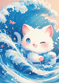 A cute kitten surfing on the ocean JP
