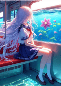 woman sitting on train anime